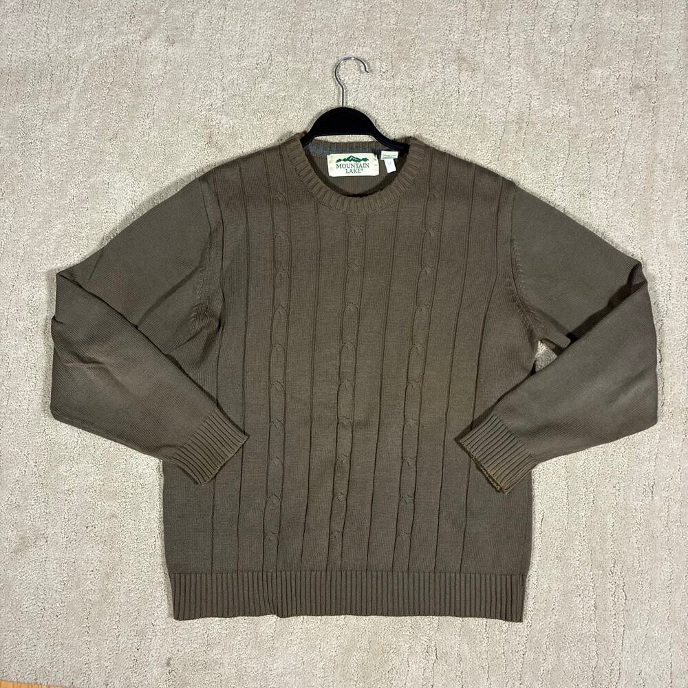 Y2K Mountain Lake 100% Cotton Men L Olive Green Grandpa Knit Sweater Cabincore